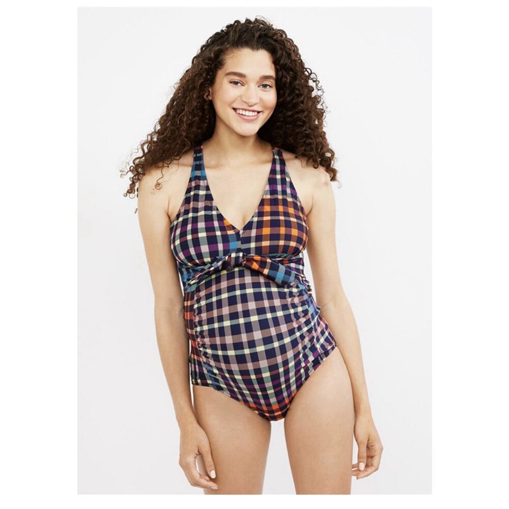 Motherhood Maternity Women's Plaid Multi Color Rainbow Bathing Suit Swim Size M